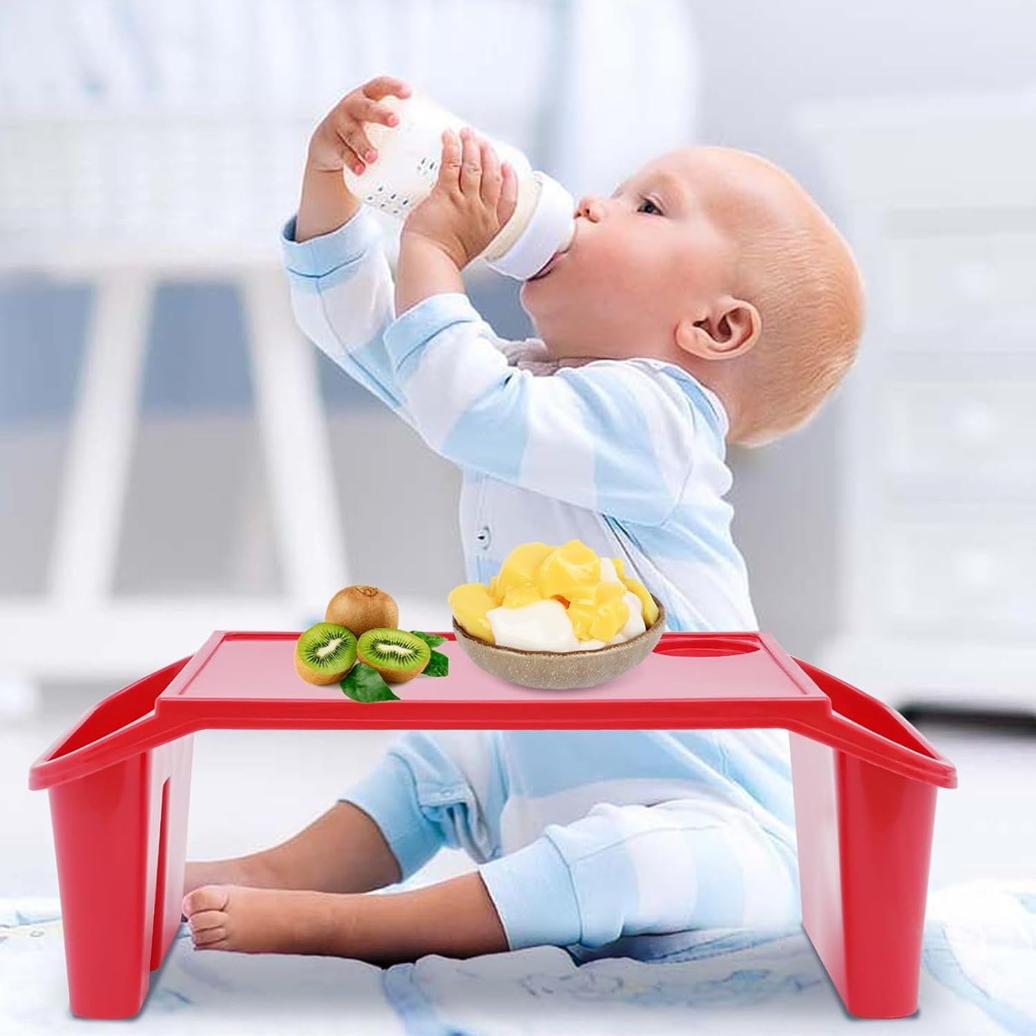 Kids Lap Desk Tray,Portable Lap Bed Table,Red Laptop Desk for Breakfast Tray Toys Coloring Books Tablets Books Games and Snacks,6 Pcs Plastic Breakfast Laptop Trays with Side Pockets,Storage Space