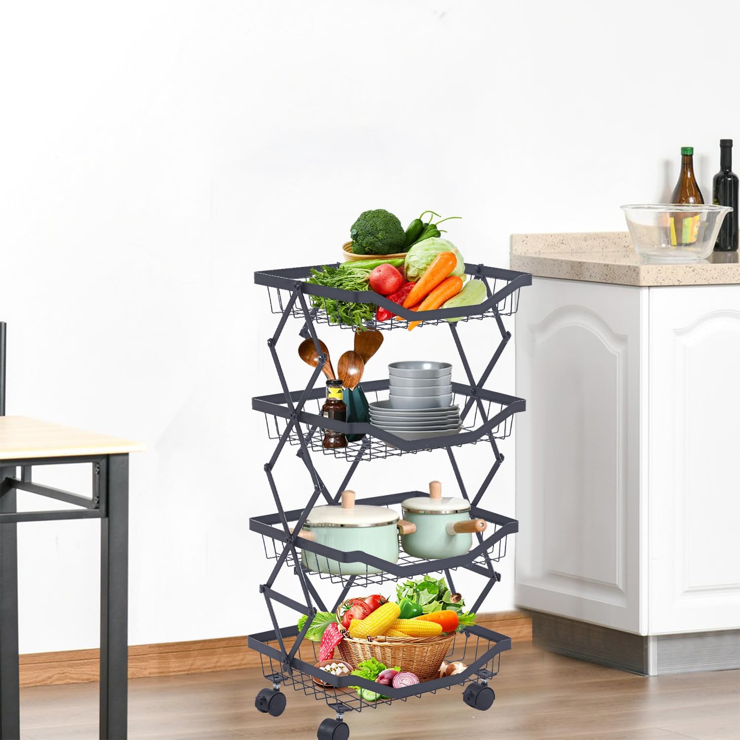 4 Tier Fruit Basket for Kitchen Stackable Metal Wire Fruit Vegetable Basket with Wheels Narrow Corner Rolling Utility Cart for Kitchen, Pantry, Bathrooms, Garage