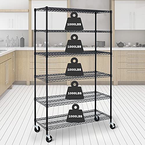 6 Tier Wire Shelving Unit, 2100 LBS NSF Height Adjustable Metal Garage Storage Shelves with Wheels, 18