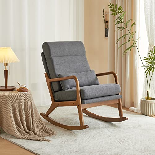 Indoor Rocking Chair with Lumbar Pillow and High Backrest, Solid Wood Armrests in Original Wood Color, Soft Cushion and Reversible Fabric (Linen, Light Gray)