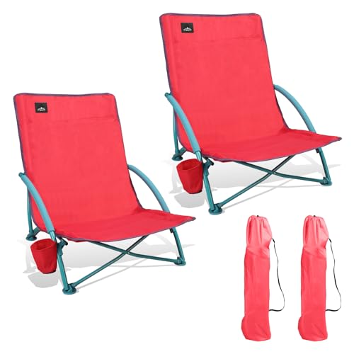 2 Pack Low Folding Beach Chair,Portable Lightweight Lowback Sling Chair, Outdoor Low Seat Camping Chair w/Cup Holder & Carry Bag for Sand Camping Lawn Picnic Festival,Pink