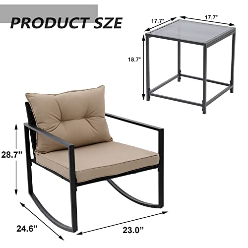 3 Piece Wicker Rocking Bistro Set Patio Furniture Sets Outdoor Rattan Furniture Set with Coffee Table - All- Weather Wicker Rocker Chair with Cushions (Brown Wicker-Blue Cushion)