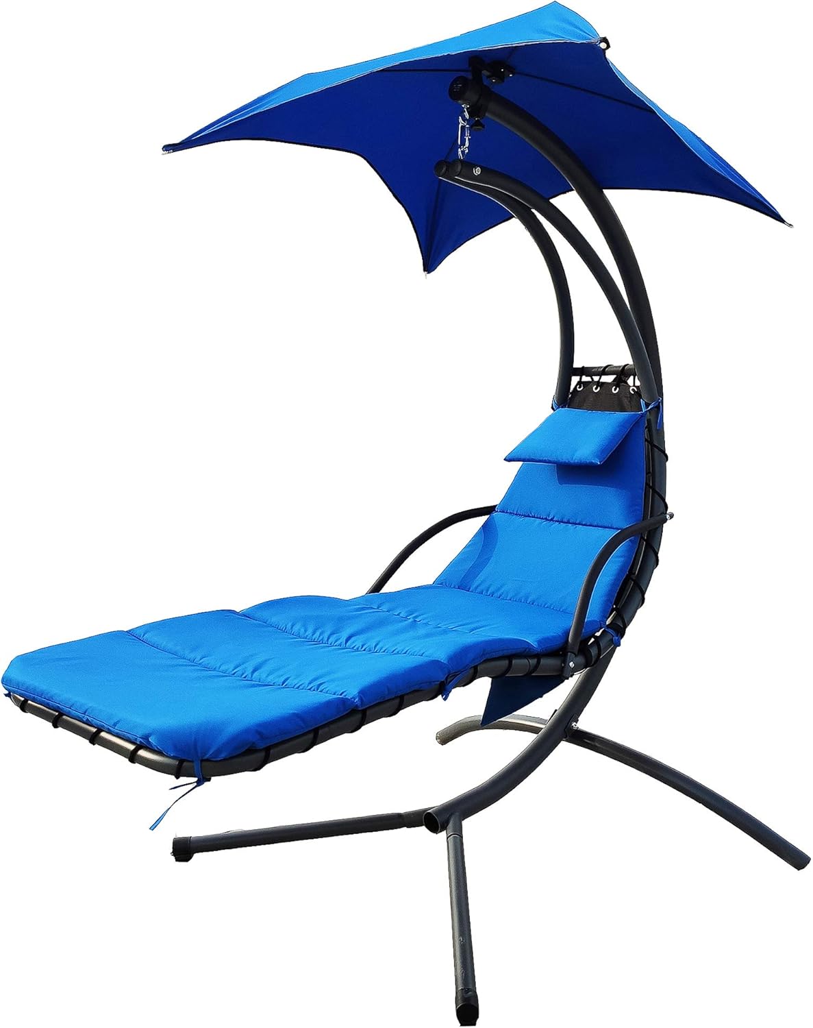 BalanceFrom Hanging Curved Chaise Lounge Chair Swing with Cushion, Pillow, Canopy, Stand and Storage Pouch, 330-Pound Capacity, Blue
