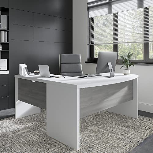 Bush Business Furniture Echo L Shaped Bow Front Desk with High Back Chair, Pure White and Modern Gray