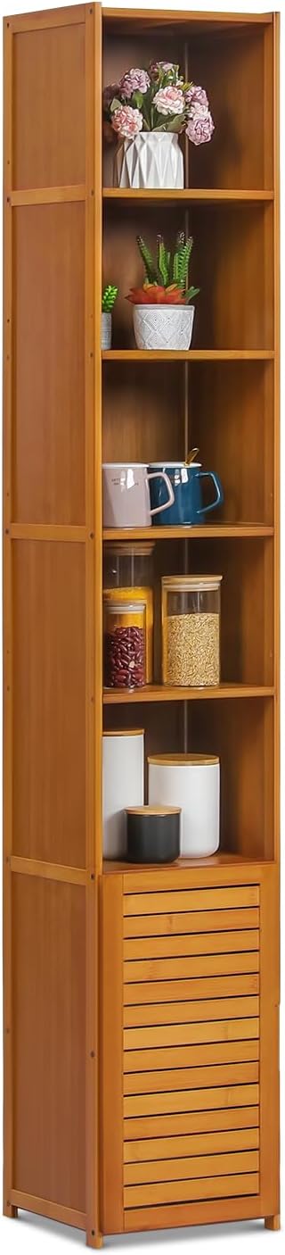 Magshion Bamboo 7-Shelves Bookshelf with Blinds Door, Brown 69