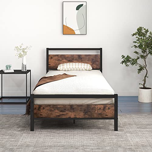 JURMERRY Queen Size Metal Platform Bed Frame with Wooden Headboard and Footboard Heavy Duty Steel Support, Mattress Foundation, No Box Spring Needed, Easy Assembly, Black RB