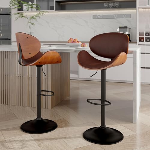 Counter Height Bar Stools Set of 2,Swivel Bar Stools for Kitchen Island,PU Leather Upholstered Bar Chair with Back and Footrest,Adjustable Bentwood Barstools for Bar,Dining Room,Black