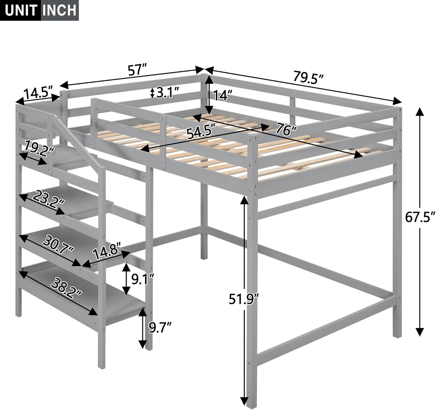 Bellemave Full Size Loft Bed with Stairs, Wood Loft Bed Frame with Storage Shelves and Hanging Rod Gray Loft Beds for Kids Boys Girls Adults Teens Dorm Bedroom