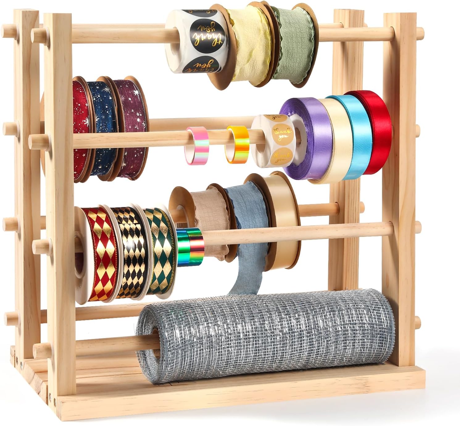 Two-row Ribbon Holder Organizer Rack - Wooden Ribbon Spool Holder for Mesh Ribbon Wreath Thread Tulle Roll Washi Tape, Ribbon Organizer for Craft Room, Florist Supplies, Wrapping Craft
