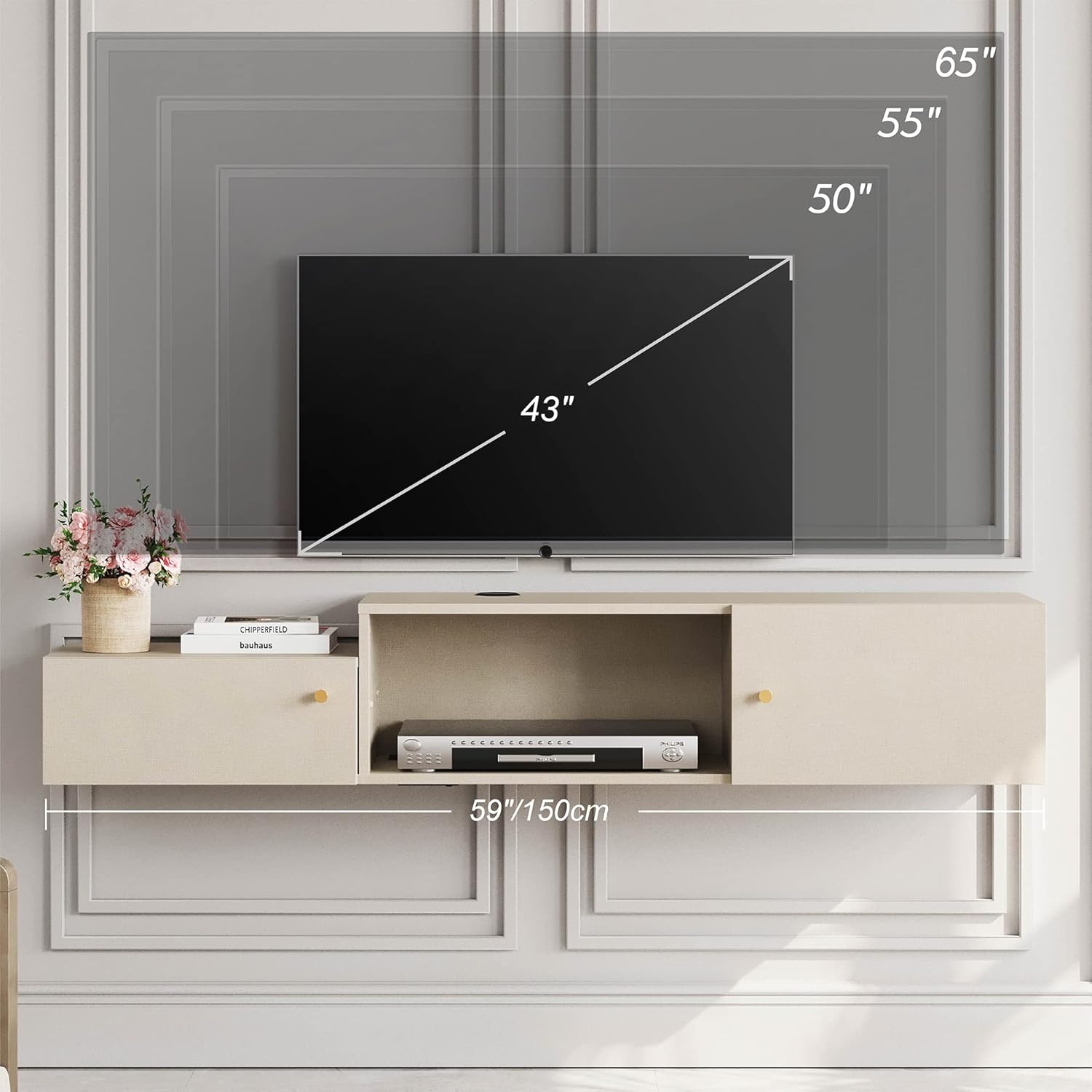 FITUEYES 59'' Floating TV Stand with Charging Station, Wall Mounted Entertainment Center, Media Console Center with Storage, Modern Shelf Hanging Hutch Component Under TV