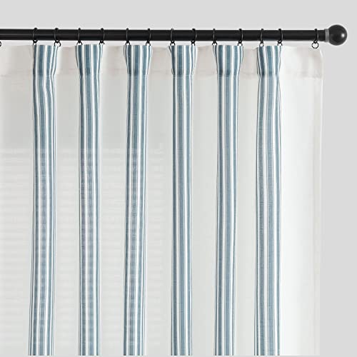 jinchan Striped Linen Curtains 96 Inches Long for Living Room Blue Stripe Curtains Semi Sheer Curtains Back Tab Light Filtering Modern Farmhouse Coastal Drapes for Bedroom Window Curtain Set 2 Panels