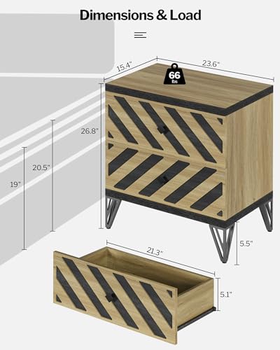 SICOTAS Large Night Stand Bedside Table - Modern Nightstand with 2 Herringbone Decor Drawers, Sturdy Metal Legs, Wide Wood Accent End Table for Bedroom