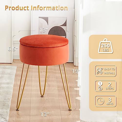 LUE BONA Velvet Vanity Stool Chair for Makeup Room, Beige Round Storage Ottoman, Stool for Vanity with Gold Legs, 19” Vanity Chair, Ottoman Makeup Vanity Stool Chair for Vanity, Living Room,Bedroom