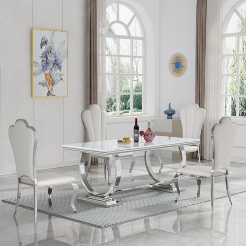 Goujxcy White Marble Dining Table Set for 6, Luxury Silver Kitchen Table and Chairs Set of 6, 70