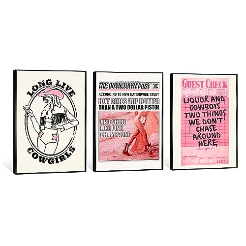 JDNWKBBS Vintage Pink Canvas Wall Art Set of 3 - Funky Hot Girl Quotes Let's Go Girls Room Aesthetic Posters - Trendy Disco Ball Preppy Bar Cart Wall Decor for Dorm Bedroom 12x16in Unframed
