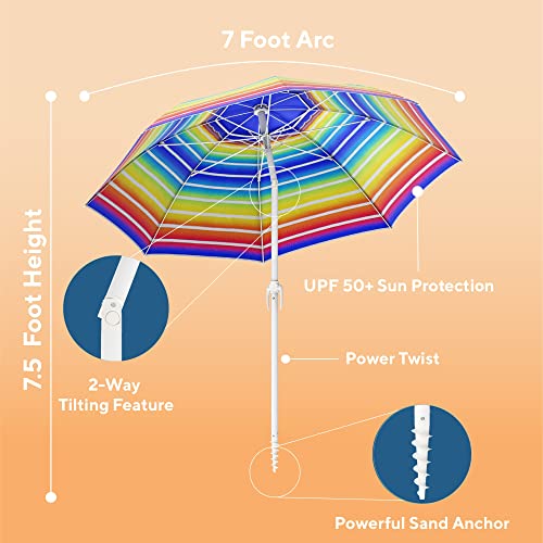 Nautica Beach Umbrella - 7 Ft Heavy Duty Portable Beach Umbrellas for Sand & Sun UPF 50+ Protection, Wind & Sand Anchor for Strong Stability - Large Vented Umbrella for Beach + 2-Way Tilt System