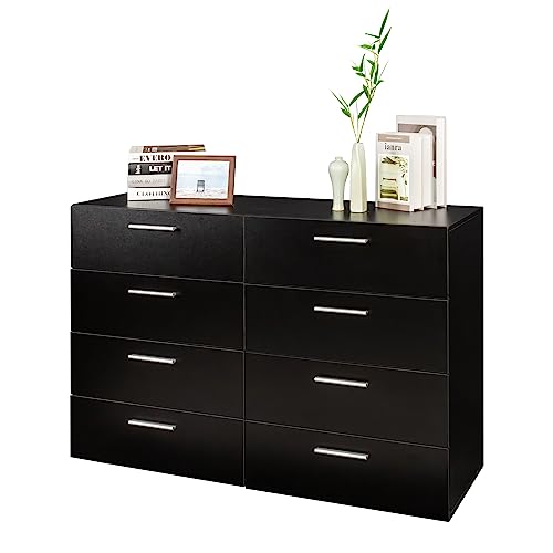 Goujxcy 8 Drawer Double Dresser for Bedroom, Modern Black 8 Drawers Chest Dresser with Metal Handle, Wooden Closet Wide Storage Cabinet for Living Room Bedroom Home Apartment Dorm