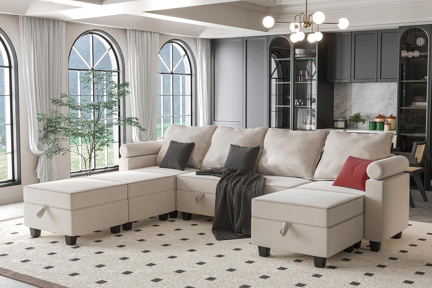 Kingfun Modular Sectional Sofa, Convertible 7-seated Couch with Storage Seat and Adjustable Armrest, Reversible Chaises and Ottoman, Oversized Sleeper Sofa for Living Room, Beige