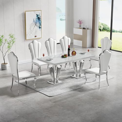 Goujxcy White Marble Dining Table Luxury Faux Marble Kitchen Table with Silver Mirrored Finish Stainless Steel Legs,70