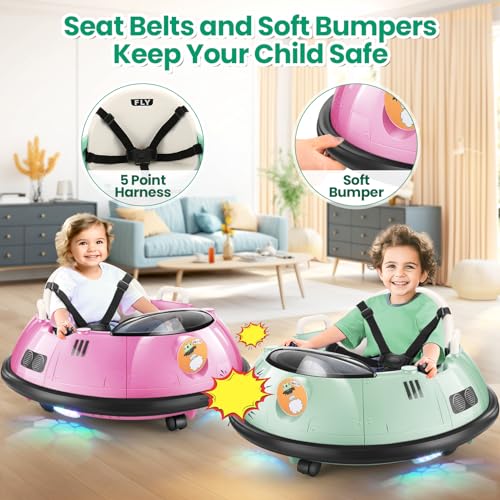 Hikole Baby Bumper Car with Remote, 12V Electric Bumper Cars for Kids with LED Lights, Safety Belt and 360 Degree Spin, Toddler Child Gifts Little Bumper Car, 3 Speed and Two Driving Modes, Pink