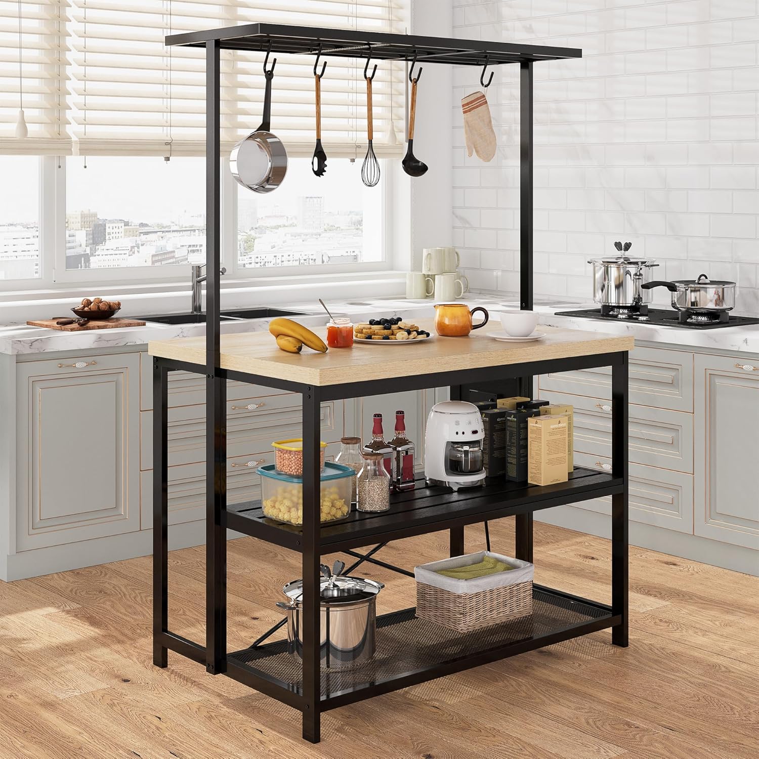 Power Outlet Kitchen Island，Bakers Rack，Coffee Bar Table, Large, Pear Wood Tabletop and Black Metal Frame