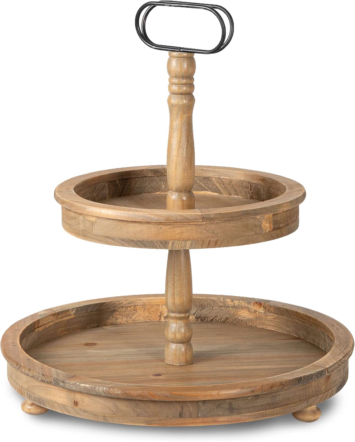 Ilyapa Decorative Farmhouse Tiered Serving Tray Stand - 2 Tier Rustic Wooden Serving Stand with Handle - Barnwood, 16” x 14.5” x 14.5”
