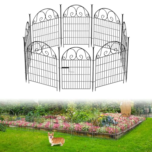 Tall Garden Fence Animal Barrier with Gate, 40in(H) 8 Panels Garden Fences and Borders for Dogs, Dog Fence Outdoor for Yard, Total Length 18Ft Metal Temporary Fencing, Flower Bed Fencing.