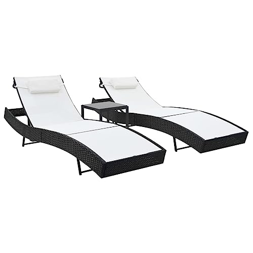 Sun Loungers 2 pcs with Table,Napping Loungers,Backyard Chaise,Garden Lounger,Pool Loungers,Comfortable Loungers,for Outdoor Sunbathing,Patios,Pools,Lawns,Camping,Poly Rattan and Textilene Black