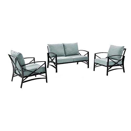 Crosley Furniture KO60011WH-MI Kaplan Outdoor Metal 3-Piece Seating Set (Loveseat, 2 Arm Chairs), White with Mist Cushions