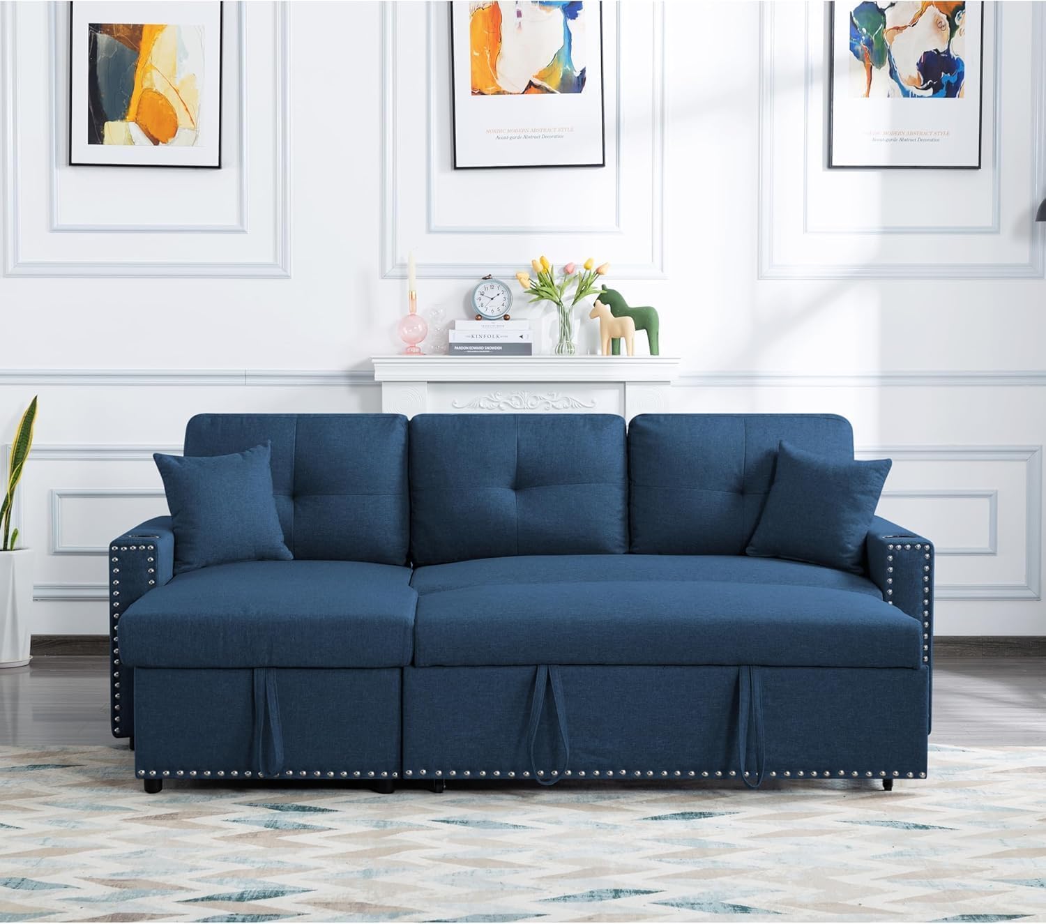 Upholstered Sofá Sleeper Living Room,Sectional Pull Storage Chaise Lounge,Pullout couch bed for Apartment,Office-Blue, Reversible Modular L-Shaped Sofa