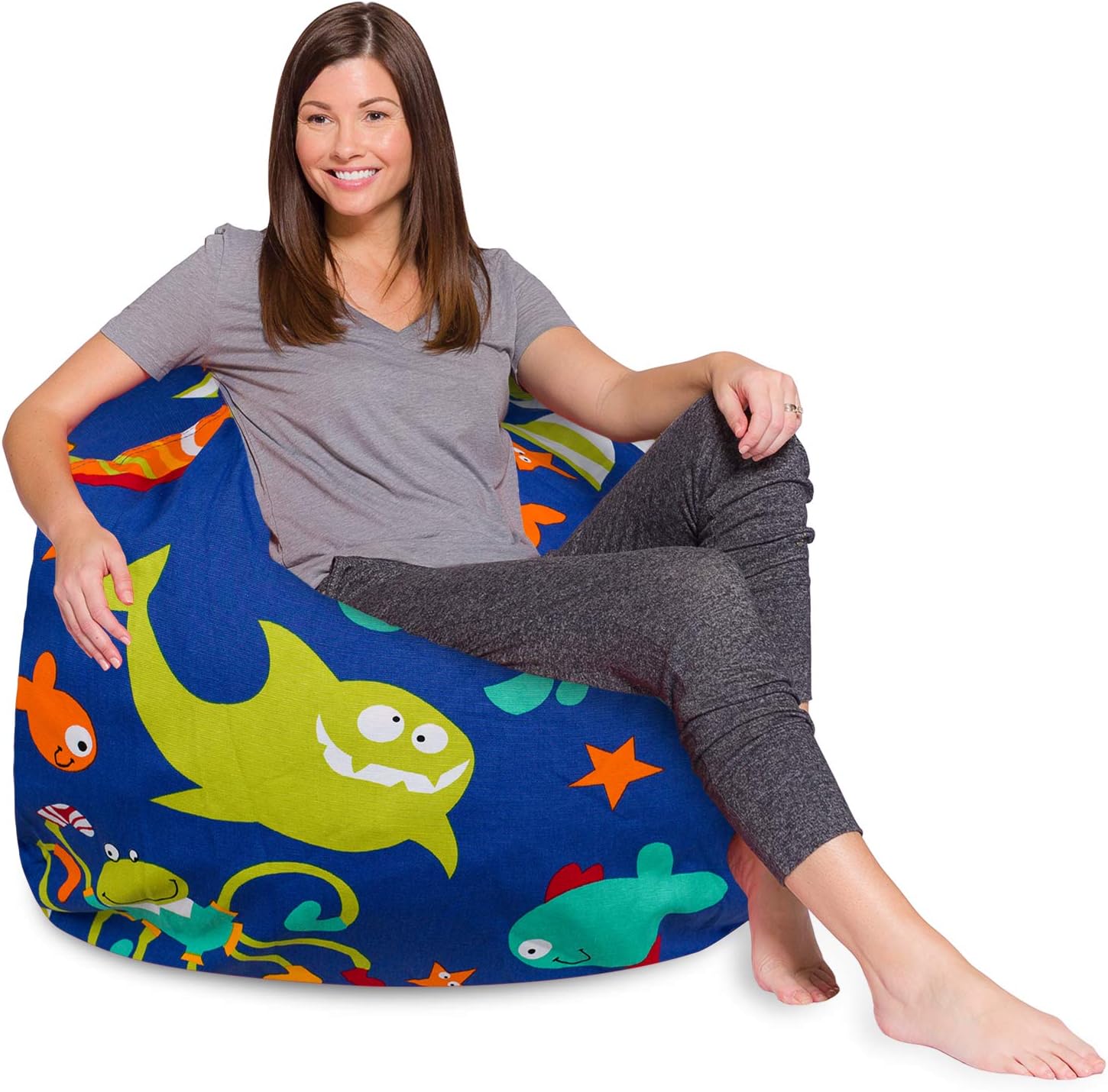 Posh Creations Bean Bag Chair for Kids, Teens, and Adults Includes Removable and Machine Washable Cover, 48in - X-Large, Canvas Sea Creatures on Blue
