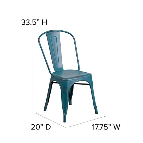 EMMA + OLIVER 4 Pack Distressed Blue-Teal Metal Indoor-Outdoor Stack Chair - Kitchen Furniture