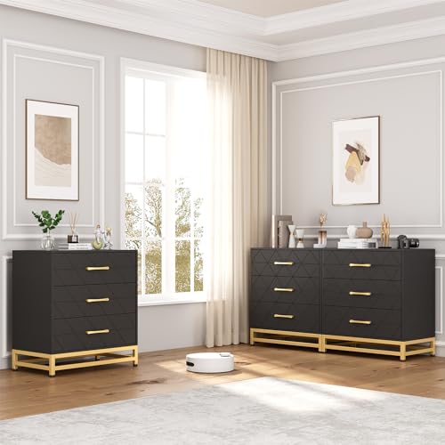 3 Drawer Dresser, Wood Chest Drawers with Storage for Closet, Bedroom, Drawers Dresser Modern Bedside Nightstand with Gold Handles,Black