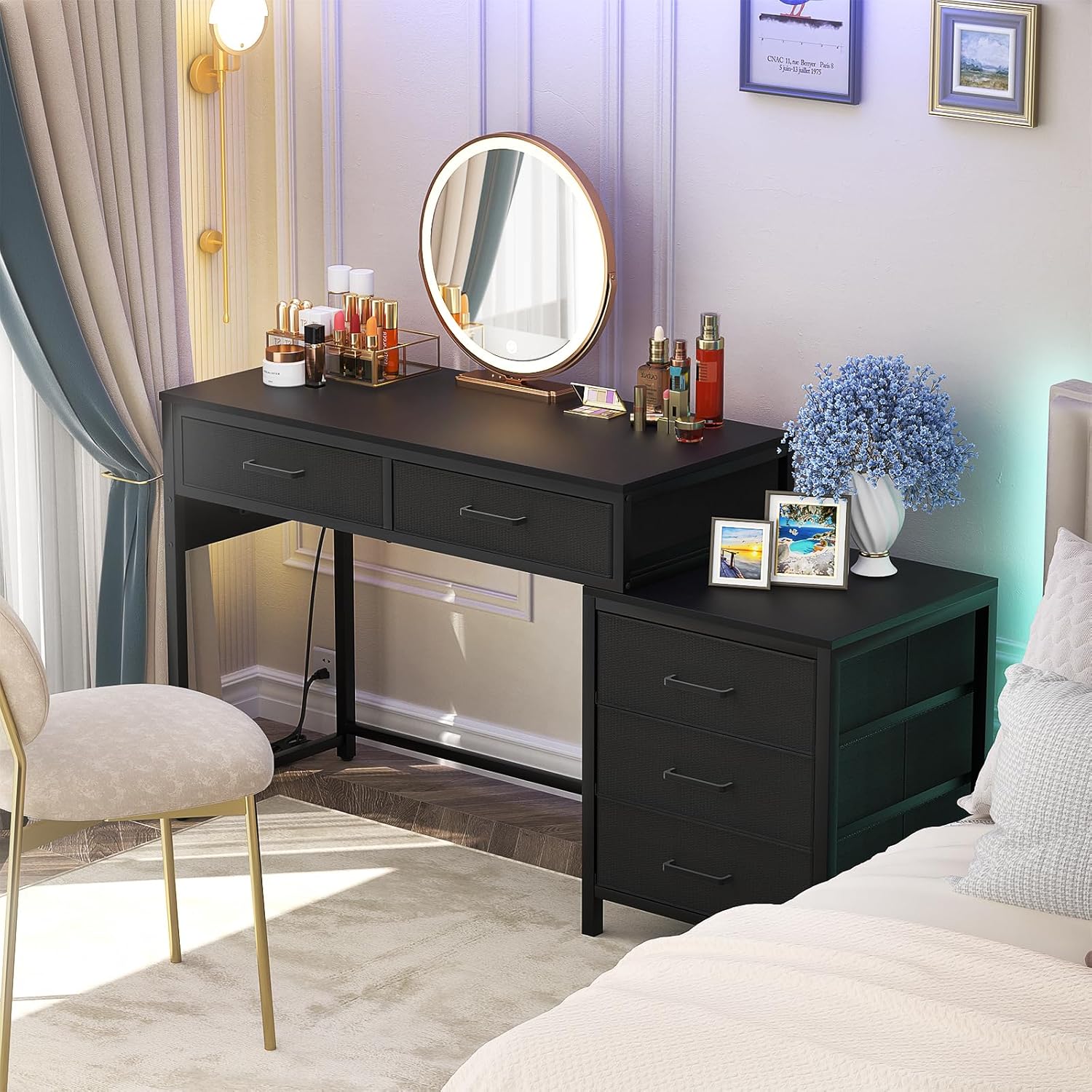 Computer Desk with 5 Drawers, Reversible Office Desk with Power Outlets and USB Charging Ports, Sturdy Writing Table with File Cabinet and Printer Stand, Laptop Desk for Small Spaces, Black