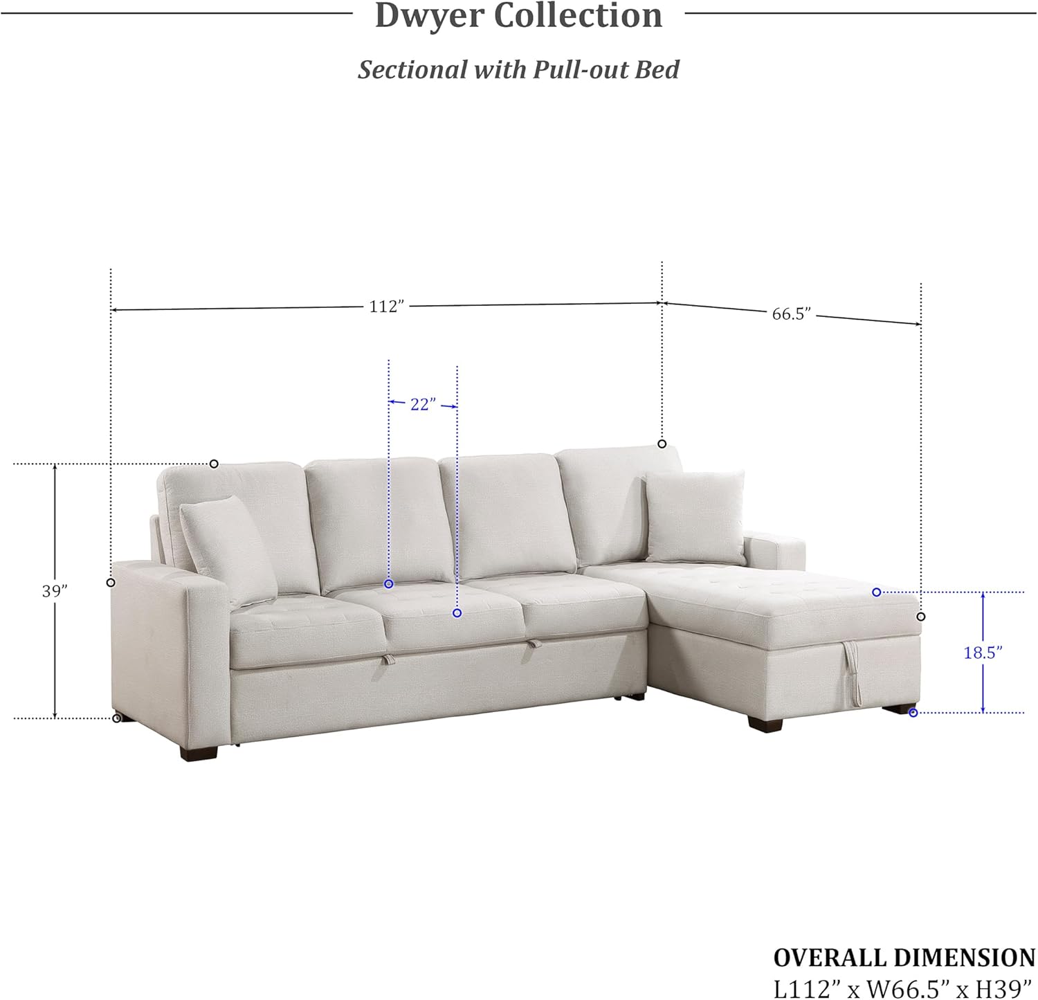 Lexicon Sectional Couches for Living Room, Microfiber Upholstered Sleeper Sofa, L Shape Sectional Couch with Right Storage Chaise and Pull Out Sofa Bed, 112 inch 4-Seater Sectional, Light Grey