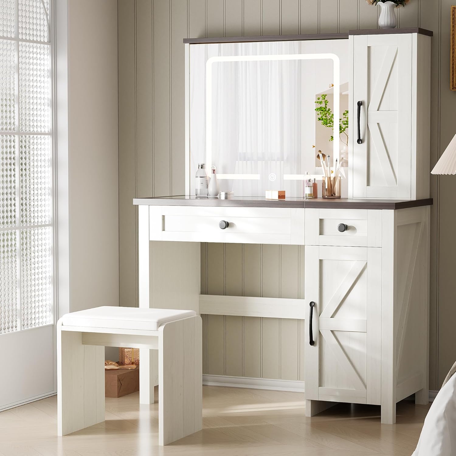 ANWBROAD Farmhouse Makeup Vanity Desk with Mirror and Lights Glass Tabletop Makeup Vanity Rustic Vanity Table with Stool for Bedroom 3 Colors Dimming Lights with 2 Drawers Antique White UBDT59W