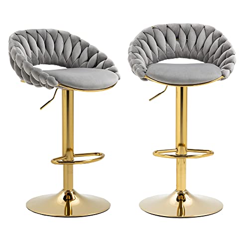 Tmosi Bar Stools Set of 2, Velvet Swivel Bar Stool, Adjustable Counter Height Barstool with Woven Low Back and Gold Base, Modern Upholstered Barstools for Dining Room, Kitchen Island, Pub (Black)