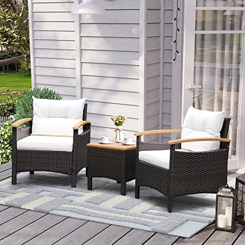 Tangkula 3-Piece Patio Furniture Set, Patiojoy Outdoor Rattan Sofa Set with Coffee Table, Patio Conversation Set with Removable Cushion, Cozy Acacia Wood Armrests for Backyard, Poolside (Beige)