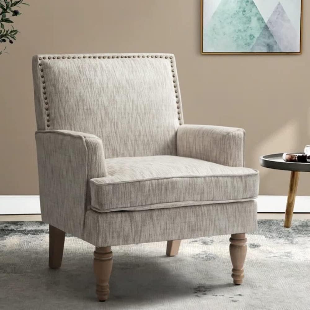 Traditional Style Wide Accent Lounge Chair for Living Room | Pretty Armchair with Flared Recessed Arms & Deep Seated Tight Back | Durable Wood Manufactured, Pretty Light Beige Color, Aesthetic Look