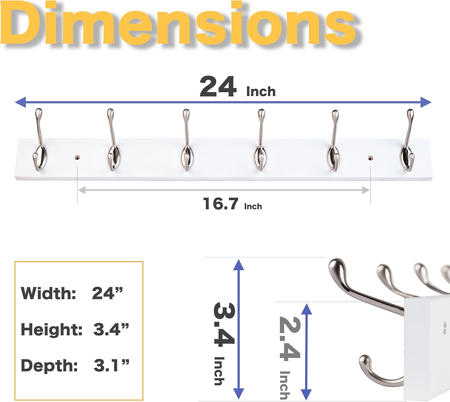 Wall Mounted Coat Rack 24 Inches with 6 Hooks - 2 Pack, Wall Coat Hooks Wall Hat Hanger, Satin Nickel & White