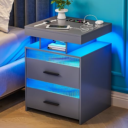 OUTDOOR DOIT Night Stand with Charging Station (Wireless,USB,Type-C) and LED Lights, Modern Side Table, Smart Nightstand with 2 Drawers, End Table for Bedroom Living Room (Black)