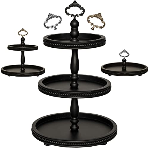 2 Tiered Tray Wooden Serving Stand by Felt Creative Home Goods. Small Beaded Tray for Home Decor Display Farmhouse Country Decoration Kitchen or Dining. Includes 3 Finial Custom Handles (Brown)