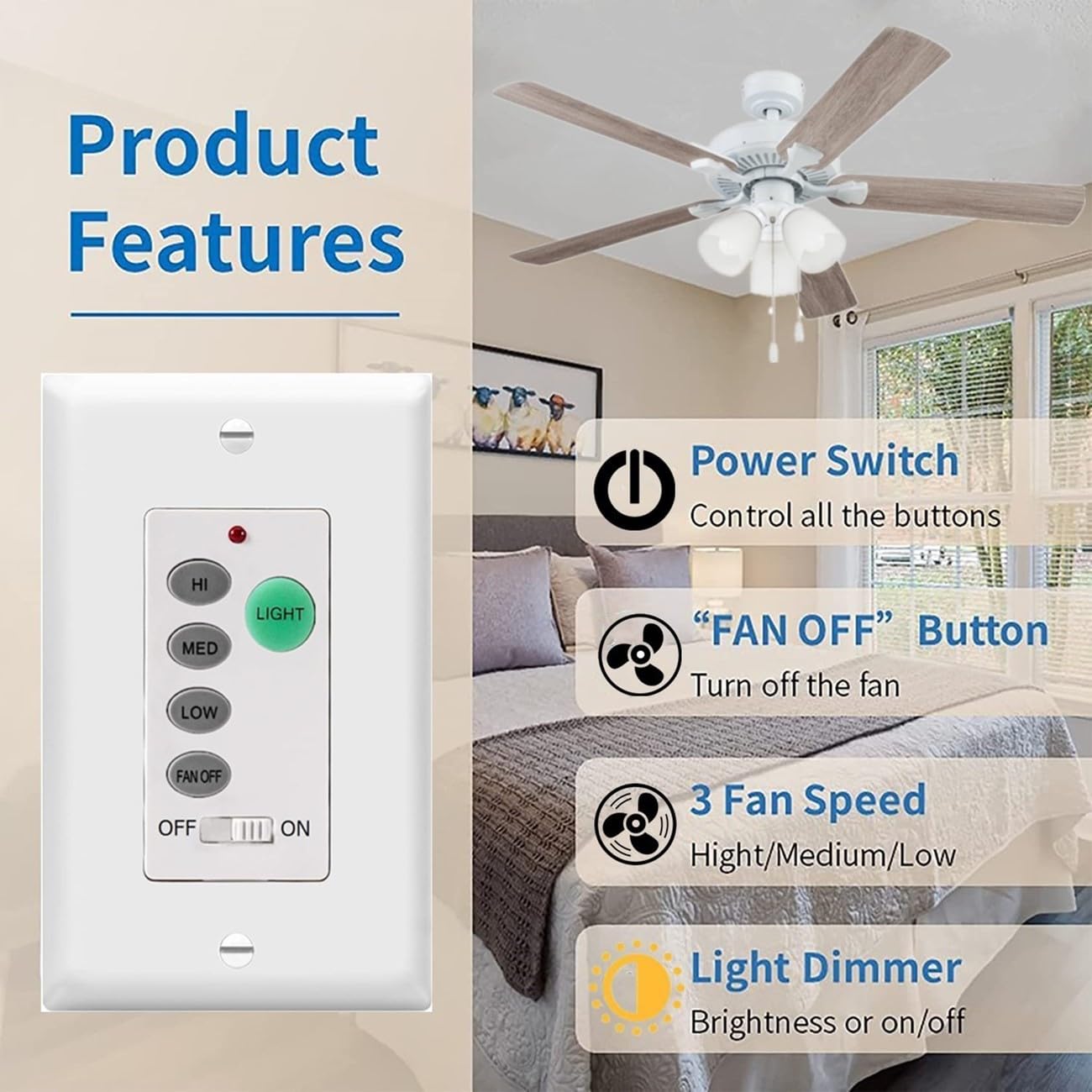 Universal Ceiling Fan Wall Remote Control, Dip Switch with Adjustable 3 Speed, Light Dimmer,Compatible with Hampton Bay Harbor Breeze Hunter(Transmmiter)