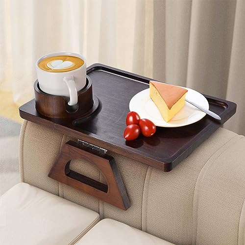Sofa Arm Tray, Bamboo Couch Arm Table with Couch Cup Holder, Foldable Armrest Tray Clip on Wide Couches for Eating, Drinks, Snacks, Remote, No Installation (Black)