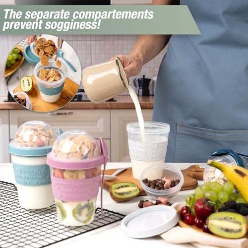On The Go Cereal Yogurt Cups with Lids and Spoon, Overnight Oats Container, Reusable Parfait Plastic Milk Jar Breakfast Crunch Granola Oatmeal Smoothie Snack Prep Bowl To Take Along (5 Colors Set 2)