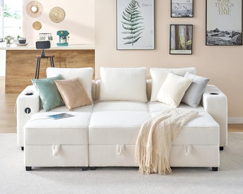 AMERLIFE 90 Inch Sectional Sofa, 6 Seats Modular Sectional Sofa with Storage, Sleeper Couch with 2 USB Ports & Cup Holders, Ottomans, Sectional Couch for Living Room- Gray Sofa Couch