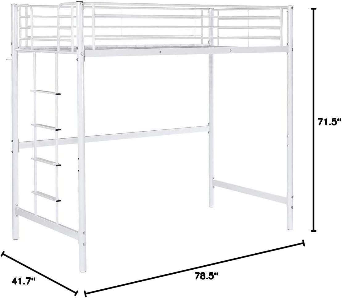 Bonnlo White Loft Bed Twin Bed Frames for Kids/Adults, Junior Loft Bed with High Guardrail and Flat Rubber Steps, Metal Loft Bunk Bed