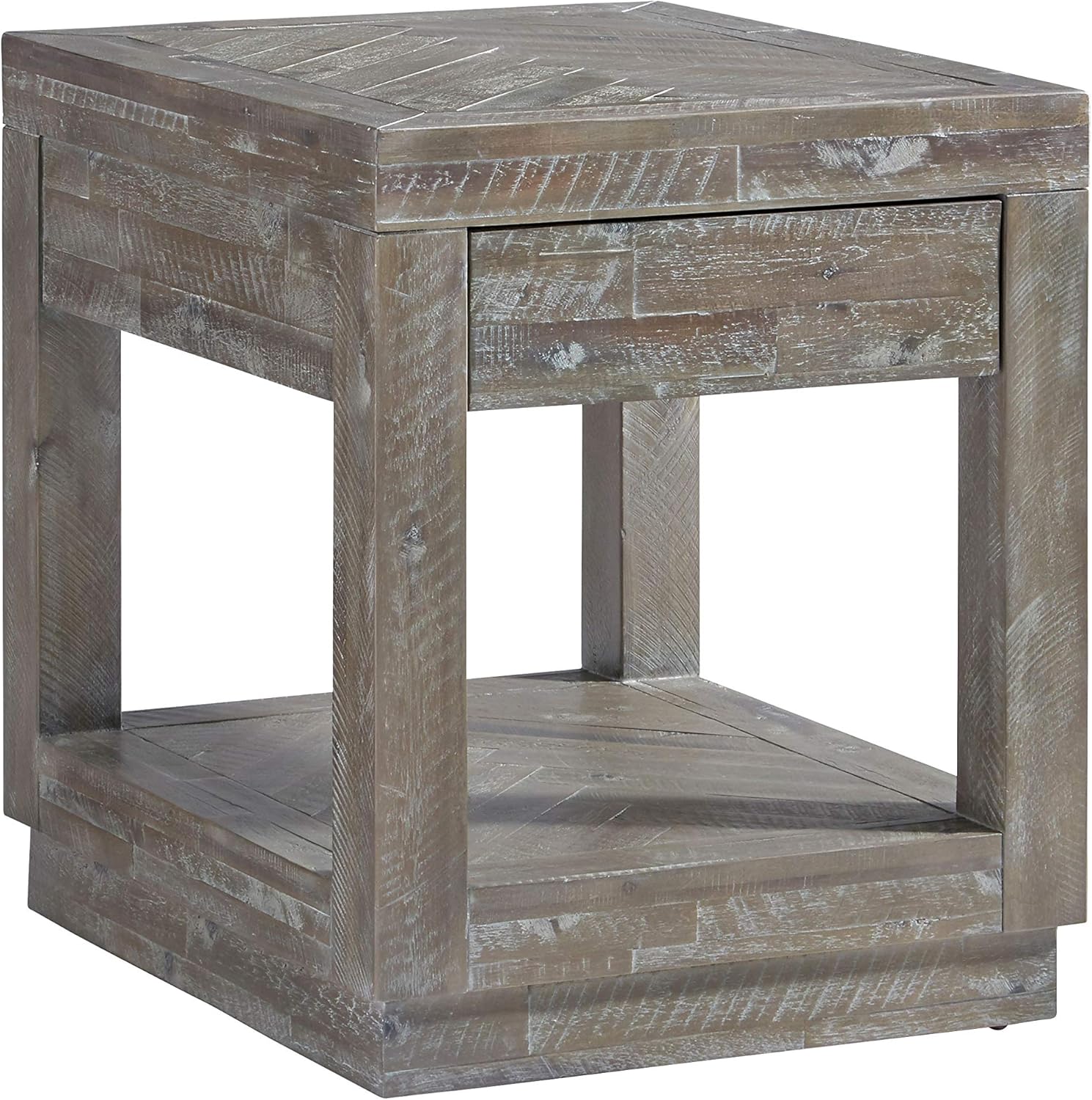 Modus Herringbone Solid Wood One Drawer End Table in Rustic Latte
