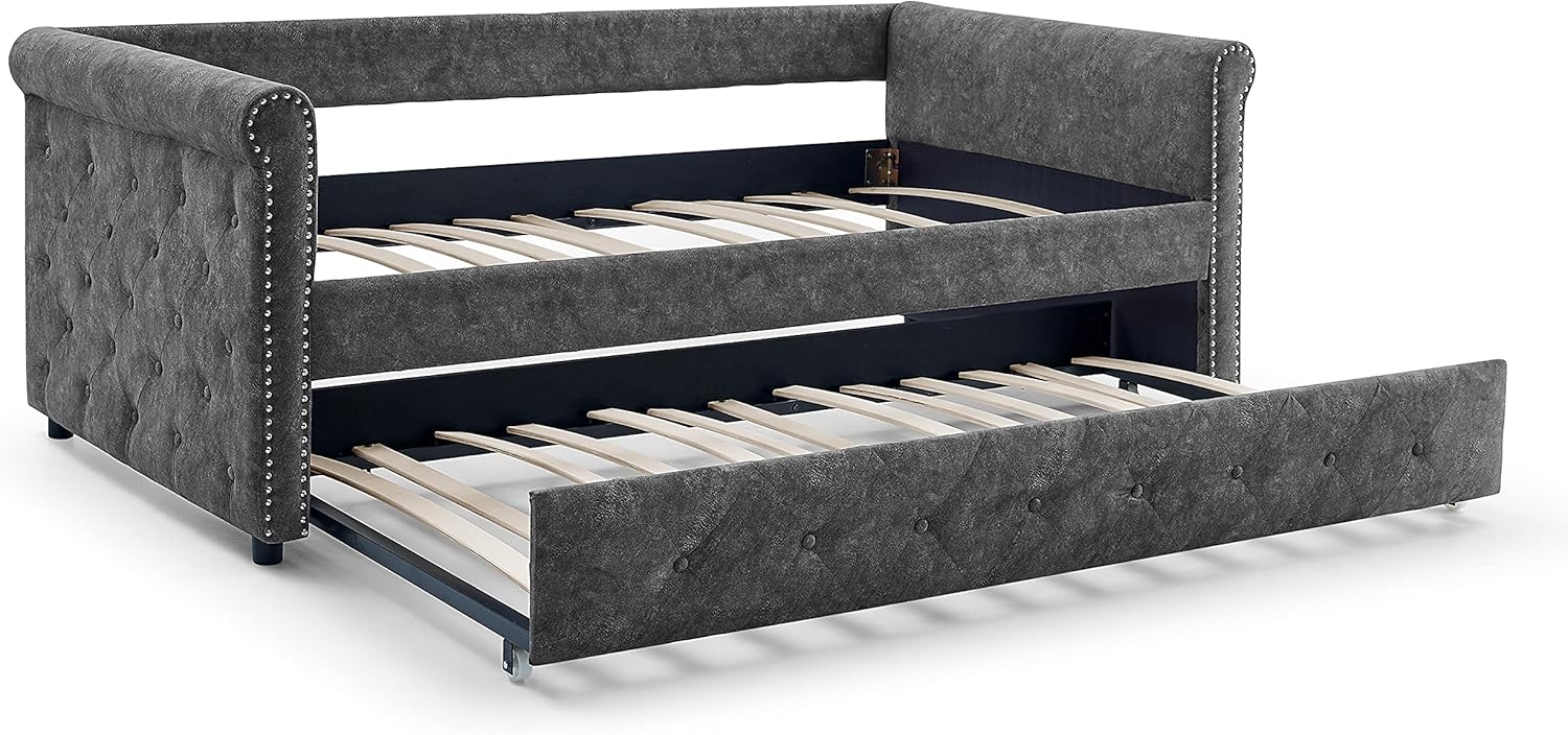 Flieks Twin Upholstered Daybed with Trundle, Solid Wood Upholstered Tufted Sofa Bed Frame with Button Tufted and Nailtrim on Arms, No Box Spring Needed, Grey