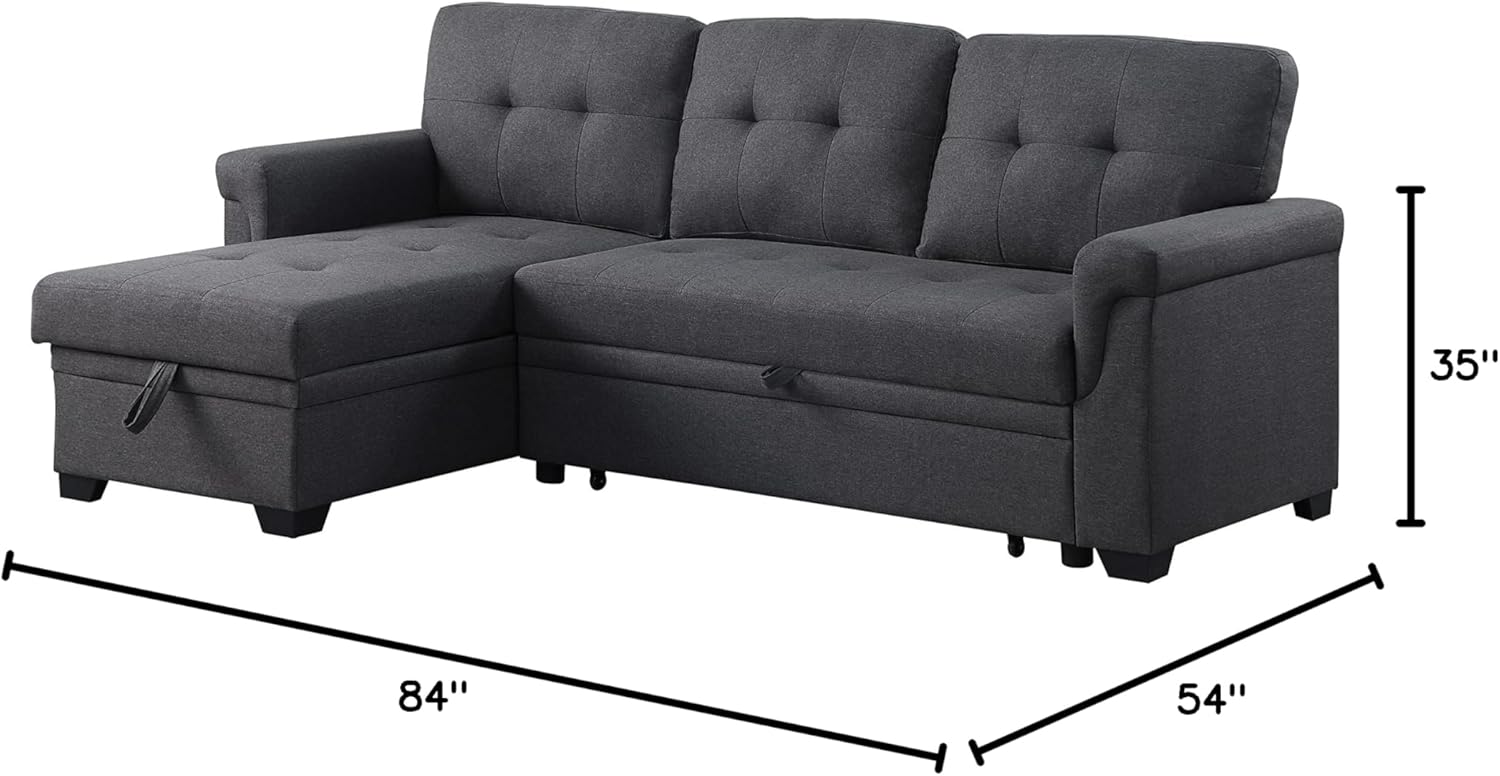 Sectional Sleeper Sofa with Storage Chaise and Pull Out Bed, Linen Tufted Upholstered Convertible Corner Couch for Living Room, Home Furniture, Apartment, 84